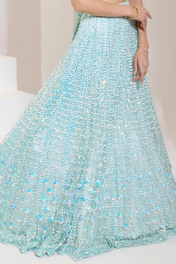Turquoise Blue Net Acrylic & Pearl Hand Embroidered Wedding Lehenga Set by PRATISHTHA - THE LABEL at Pernia's Pop Up Shop
