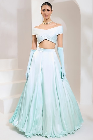 Turquoise Blue Satin Lycra Lehenga Set by PRATISHTHA - THE LABEL