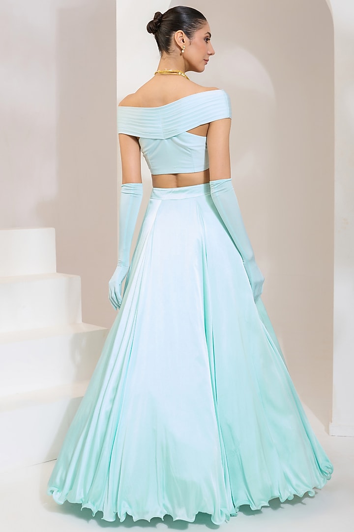 Turquoise Blue Satin Lycra Lehenga Set by PRATISHTHA - THE LABEL at Pernia's Pop Up Shop