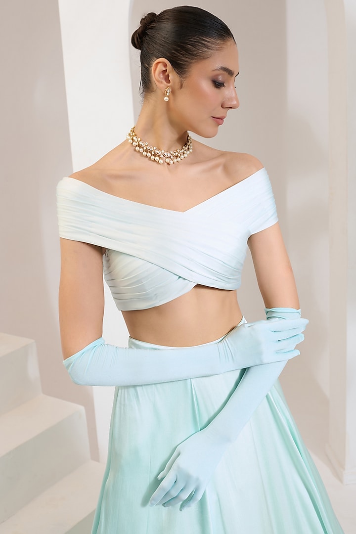 Turquoise Blue Satin Lycra Lehenga Set by PRATISHTHA - THE LABEL at Pernia's Pop Up Shop