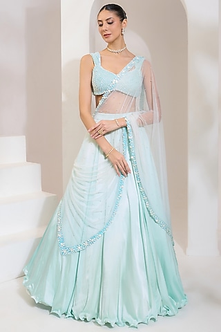 Turquoise Blue Satin Lycra Lehenga Set by PRATISHTHA - THE LABEL