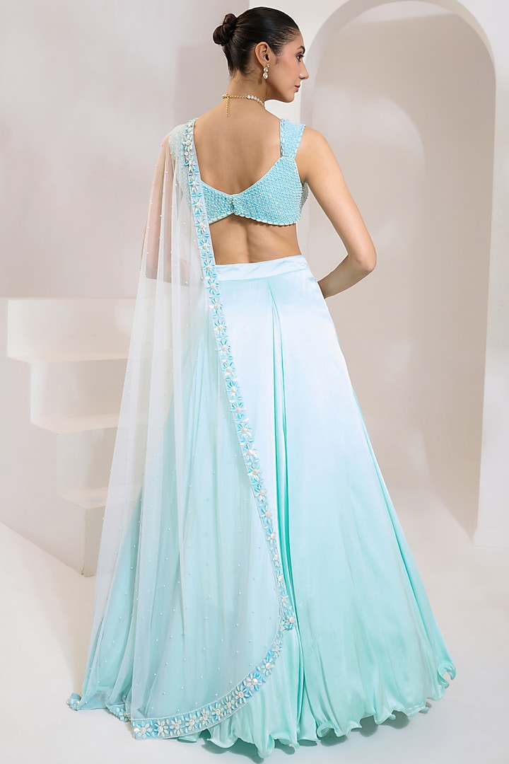 Turquoise Blue Satin Lycra Wedding Lehenga Set by PRATISHTHA - THE LABEL at Pernia's Pop Up Shop