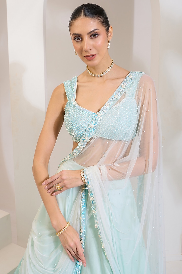 Turquoise Blue Satin Lycra Wedding Lehenga Set by PRATISHTHA - THE LABEL at Pernia's Pop Up Shop