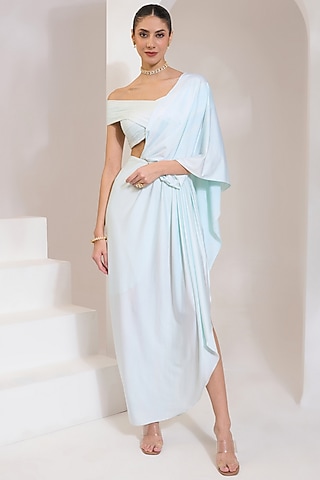Turquoise Blue Lycra Stitched Draped Saree Set by PRATISHTHA - THE LABEL