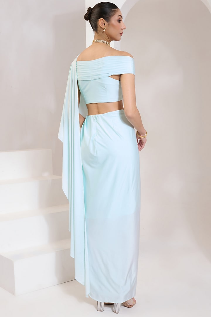 Turquoise Blue Lycra Stitched Draped Party Wear Saree Set by PRATISHTHA - THE LABEL at Pernia's Pop Up Shop