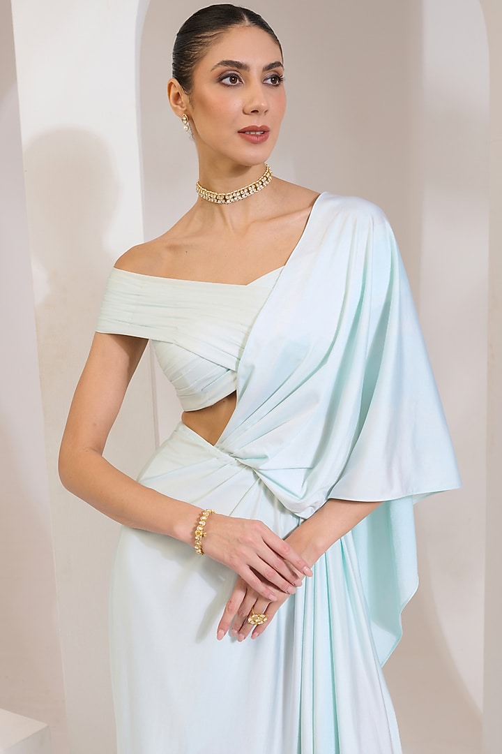 Turquoise Blue Lycra Stitched Draped Party Wear Saree Set by PRATISHTHA - THE LABEL at Pernia's Pop Up Shop