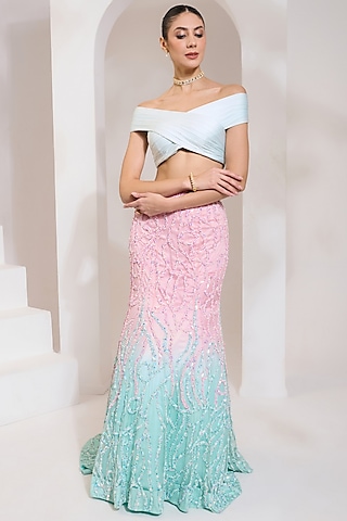 Turquoise Blue & Pink Ombre Net Pearl Hand Embroidered Lehenga Set by PRATISHTHA - THE LABEL