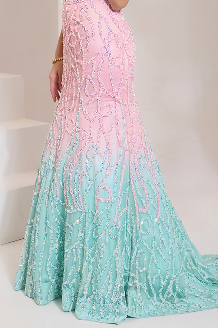 Turquoise Blue & Pink Ombre Net Pearl Hand Embroidered Wedding Lehenga Set by PRATISHTHA - THE LABEL at Pernia's Pop Up Shop