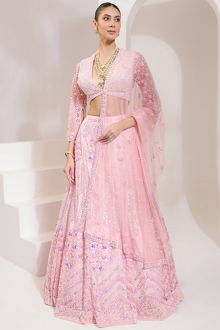 Baby Pink Net Acrylic & Pearl Hand Embroidered Wedding Lehenga Set by PRATISHTHA - THE LABEL at Pernia's Pop Up Shop