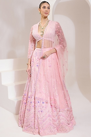 Baby Pink Net Acrylic & Pearl Hand Embroidered Lehenga Set by PRATISHTHA - THE LABEL