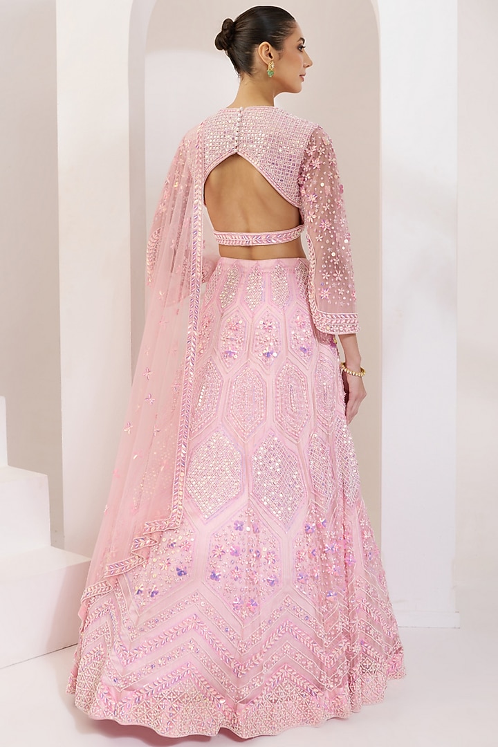 Baby Pink Net Acrylic & Pearl Hand Embroidered Bridal Lehenga Set by PRATISHTHA - THE LABEL at Pernia's Pop Up Shop