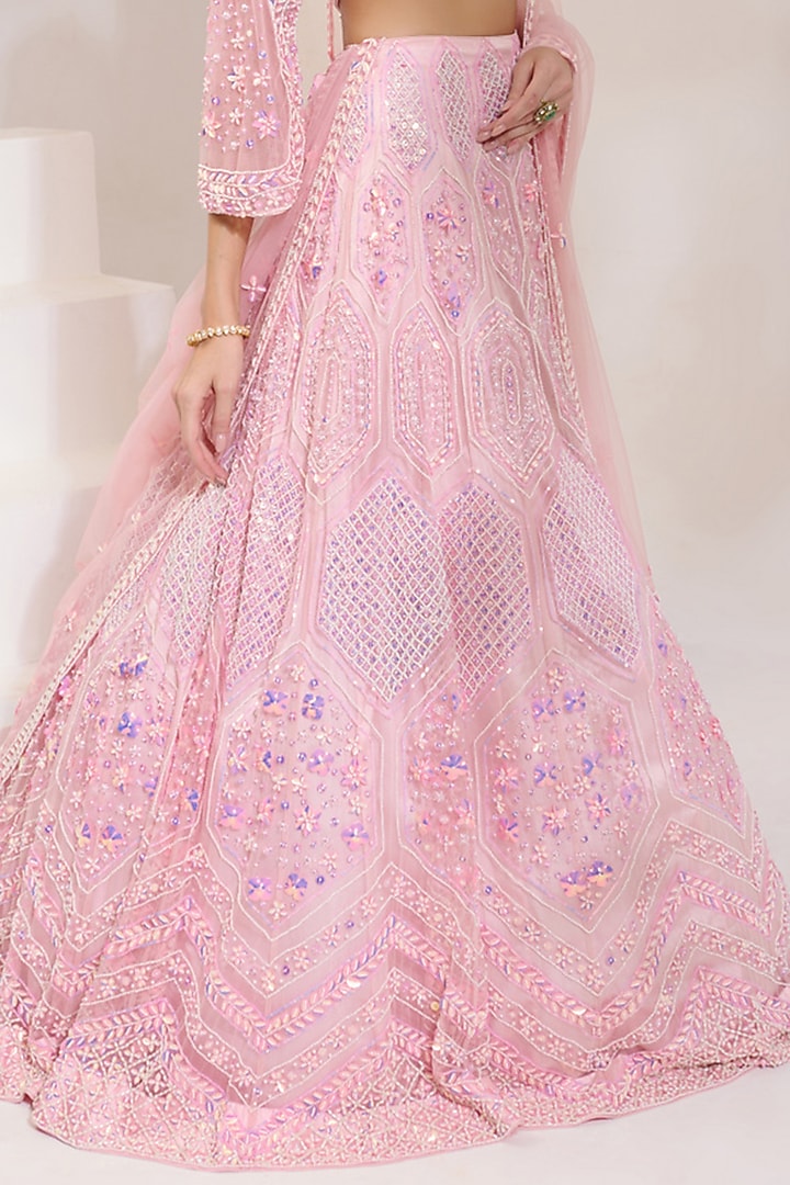 Baby Pink Net Acrylic & Pearl Hand Embroidered Bridal Lehenga Set by PRATISHTHA - THE LABEL at Pernia's Pop Up Shop