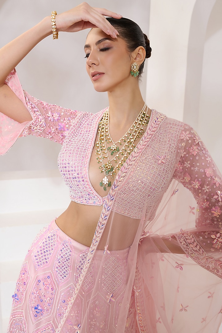 Baby Pink Net Acrylic & Pearl Hand Embroidered Bridal Lehenga Set by PRATISHTHA - THE LABEL at Pernia's Pop Up Shop