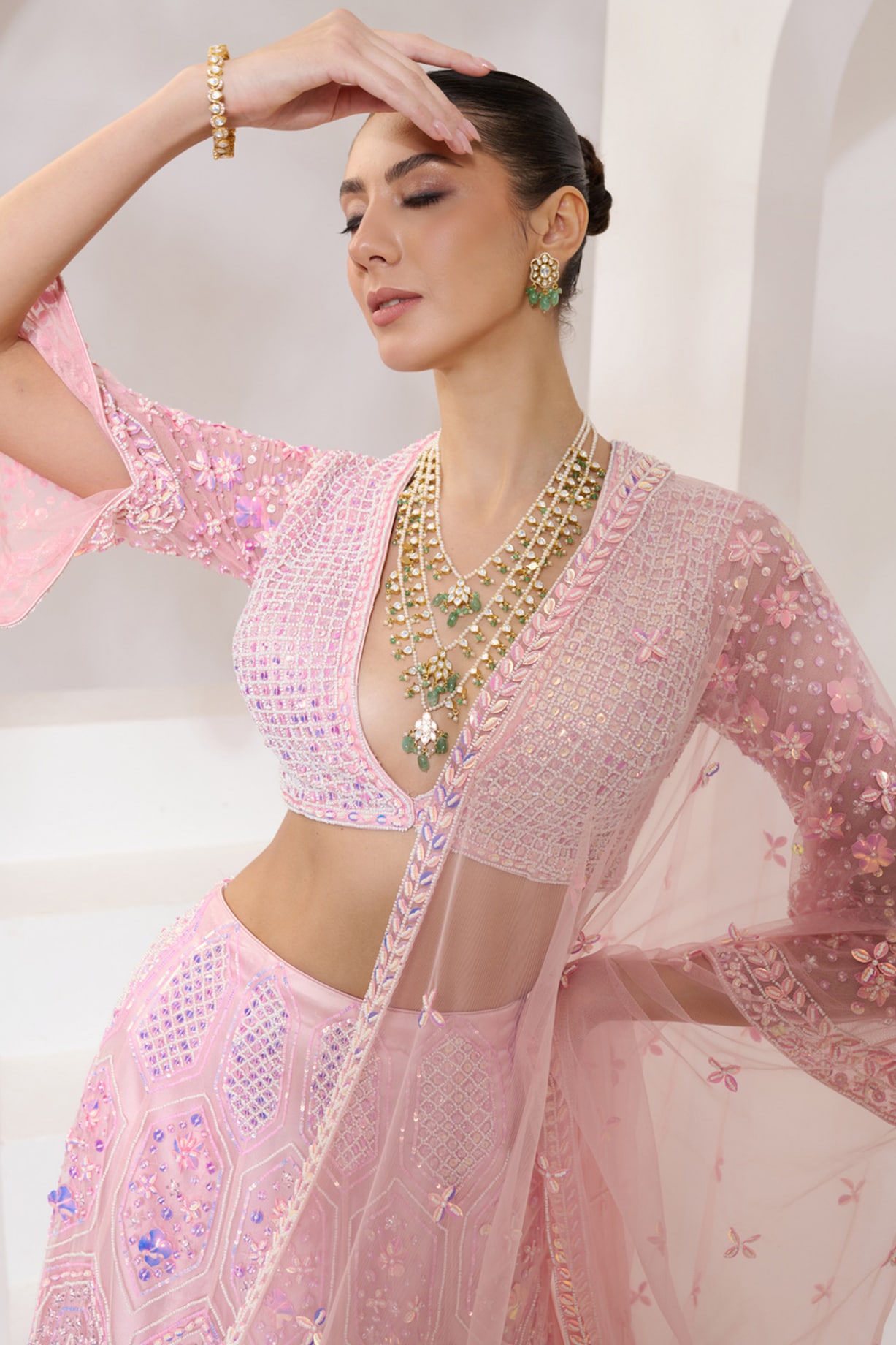 Baby Pink Net Acrylic Pearl Hand Embroidered Wedding Lehenga Set - Main Image