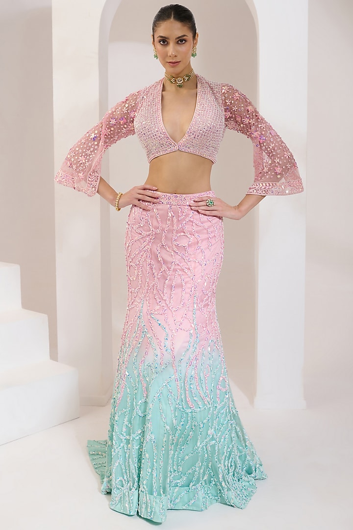 Blue & Pink Ombre Net Pearl Hand Embroidered Wedding Lehenga Set by PRATISHTHA - THE LABEL at Pernia's Pop Up Shop