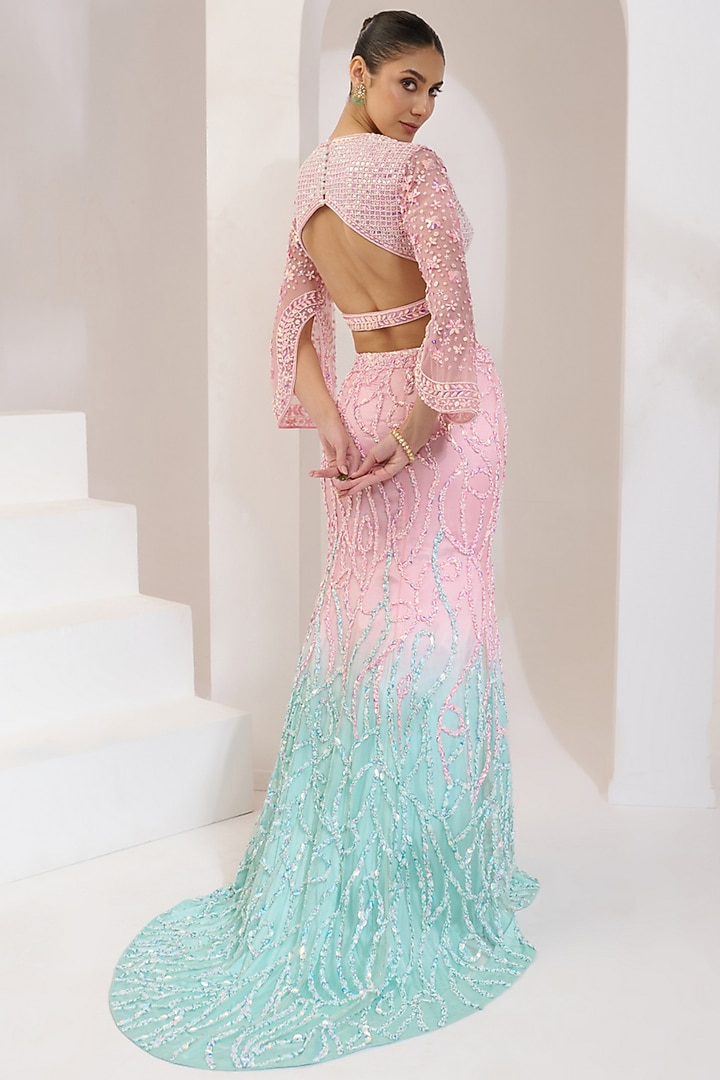 Blue & Pink Ombre Net Pearl Hand Embroidered Wedding Lehenga Set by PRATISHTHA - THE LABEL at Pernia's Pop Up Shop