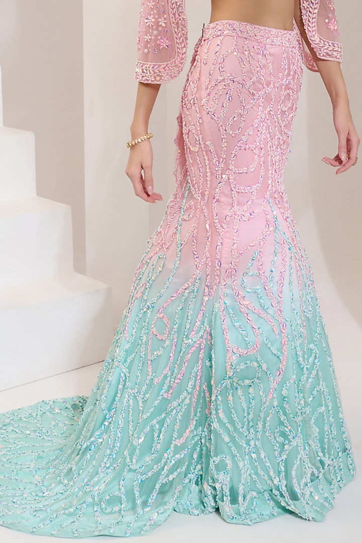 Blue & Pink Ombre Net Pearl Hand Embroidered Wedding Lehenga Set by PRATISHTHA - THE LABEL at Pernia's Pop Up Shop