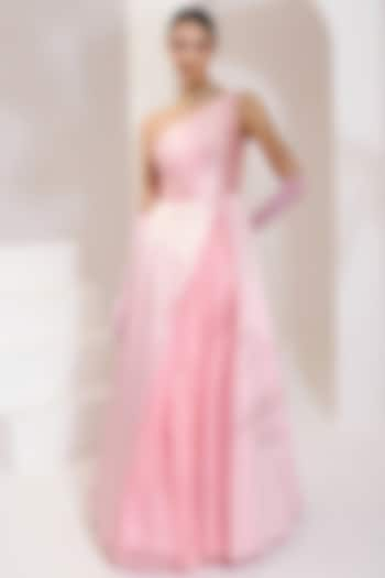 Baby Pink Satin Lycra & Textured Organza One-Shoulder Gown by PRATISHTHA - THE LABEL at Pernia's Pop Up Shop