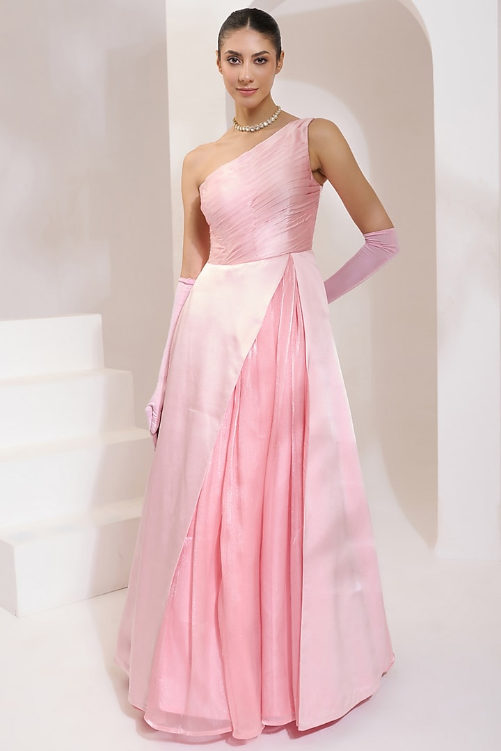 Baby Pink Satin Lycra & Textured Organza One-Shoulder Gown by PRATISHTHA - THE LABEL at Pernia's Pop Up Shop