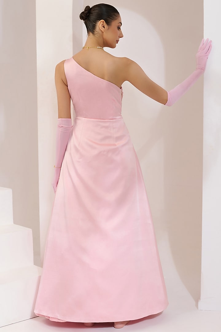 Baby Pink Satin Lycra & Textured Organza One-Shoulder Party Wear Gown by PRATISHTHA - THE LABEL at Pernia's Pop Up Shop