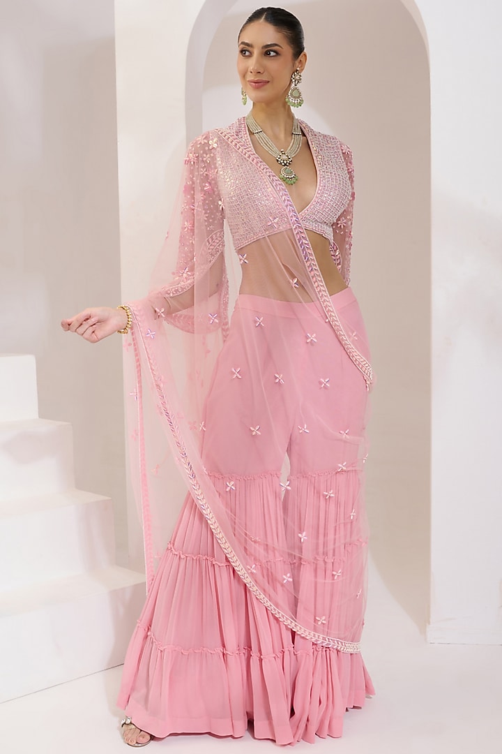 Baby Pink Georgette Gharara Set by PRATISHTHA - THE LABEL at Pernia's Pop Up Shop