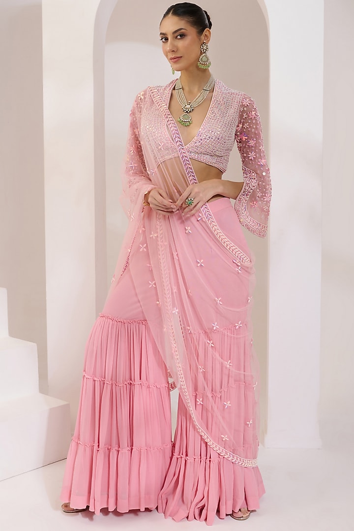 Baby Pink Georgette Gharara Set by PRATISHTHA - THE LABEL at Pernia's Pop Up Shop