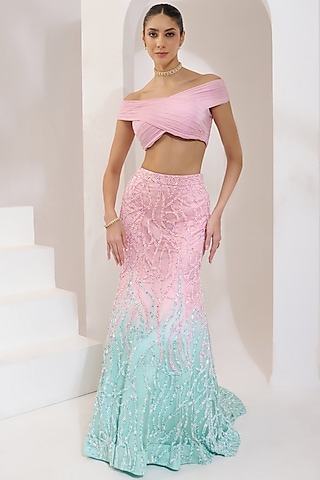Blue & Baby Pink Ombre Net Pearl Hand Embroidered Lehenga Set by PRATISHTHA - THE LABEL