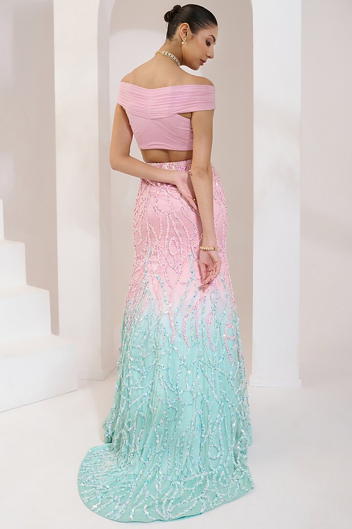 Blue & Baby Pink Ombre Net Pearl Hand Embroidered Wedding Lehenga Set by PRATISHTHA - THE LABEL at Pernia's Pop Up Shop