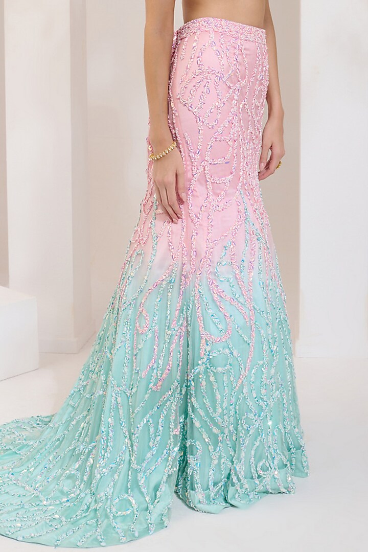 Blue & Baby Pink Ombre Net Pearl Hand Embroidered Wedding Lehenga Set by PRATISHTHA - THE LABEL at Pernia's Pop Up Shop