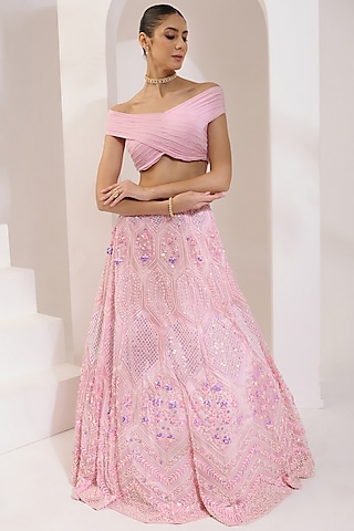 Baby Pink Net Pearl & Acrylic Hand Embroidered Lehanga Set by PRATISHTHA - THE LABEL