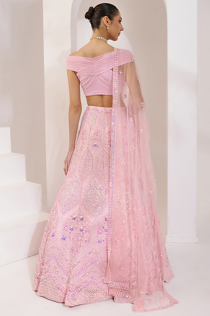 Baby Pink Net Pearl & Acrylic Hand Embroidered Lehanga Set by PRATISHTHA - THE LABEL at Pernia's Pop Up Shop
