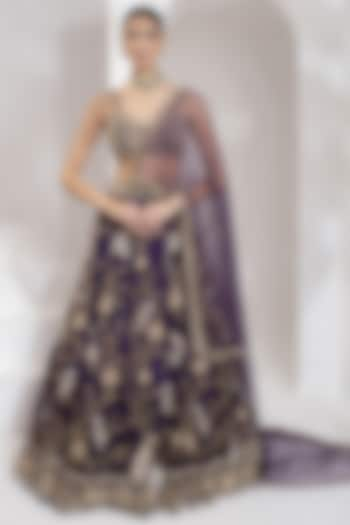 Purple Net Zari & Mirror Hand Embroidered Wedding Lehenga Set by PRATISHTHA - THE LABEL at Pernia's Pop Up Shop