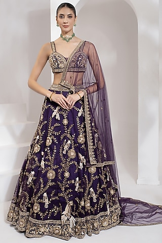 Purple Net Zari & Mirror Hand Embroidered Lehenga Set by PRATISHTHA - THE LABEL