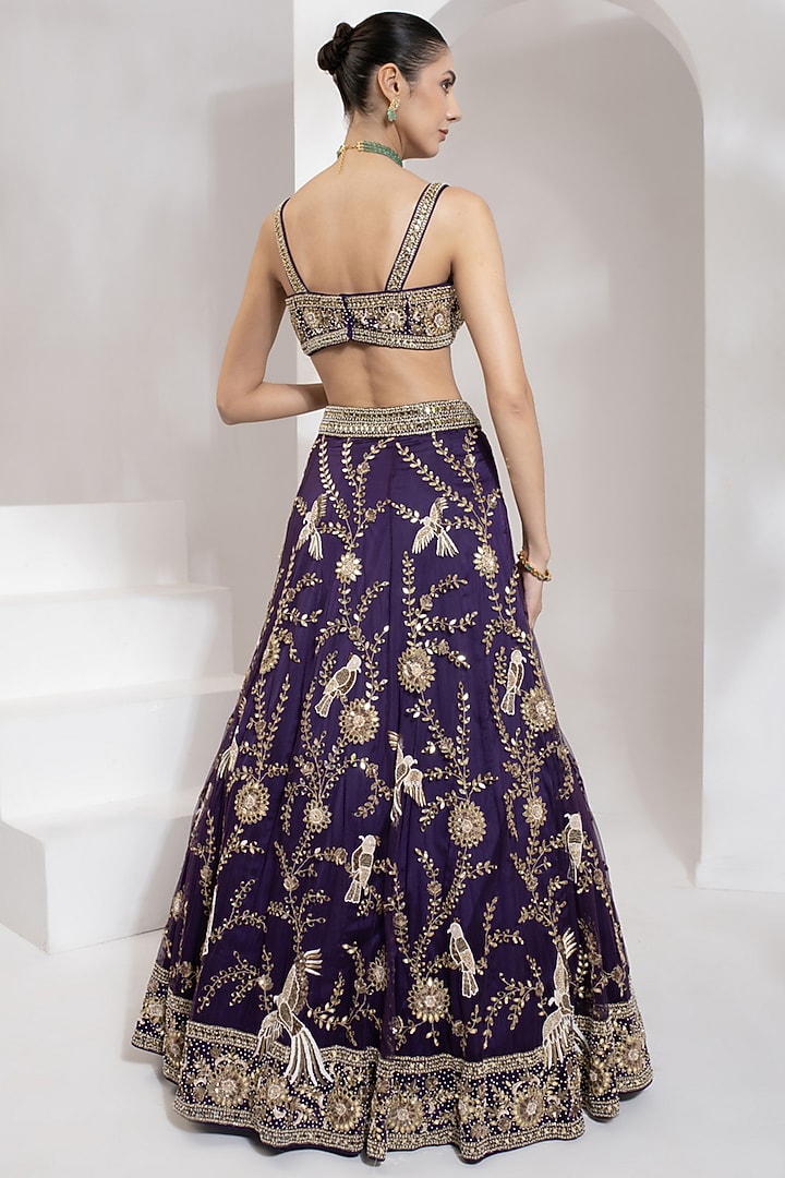 Purple Net Zari & Mirror Hand Embroidered Bridal Lehenga Set by PRATISHTHA - THE LABEL at Pernia's Pop Up Shop