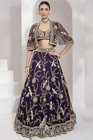 Purple Net Zari & Mirror Hand Embroidered Cape Set by PRATISHTHA - THE LABEL