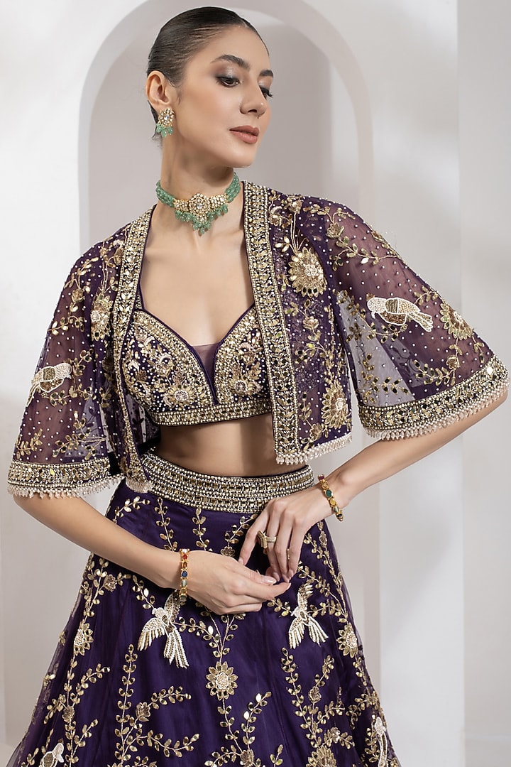 Purple Net Zari & Mirror Hand Embroidered Cape Set by PRATISHTHA - THE LABEL at Pernia's Pop Up Shop