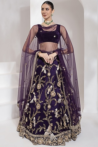 Purple Net Zari & Mirror Hand Embroidered Lehenga Set by PRATISHTHA - THE LABEL