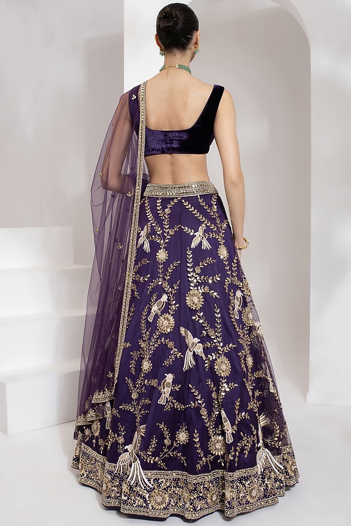 Purple Net Zari & Mirror Hand Embroidered Wedding Lehenga Set by PRATISHTHA - THE LABEL at Pernia's Pop Up Shop