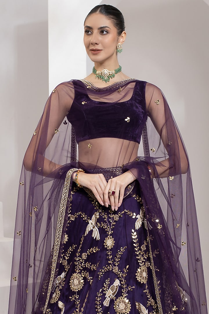 Purple Net Zari & Mirror Hand Embroidered Wedding Lehenga Set by PRATISHTHA - THE LABEL at Pernia's Pop Up Shop