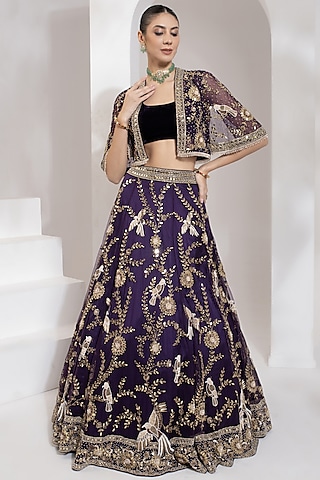 Purple Net Zari & Mirror Hand Embroidered Cape Set by PRATISHTHA - THE LABEL