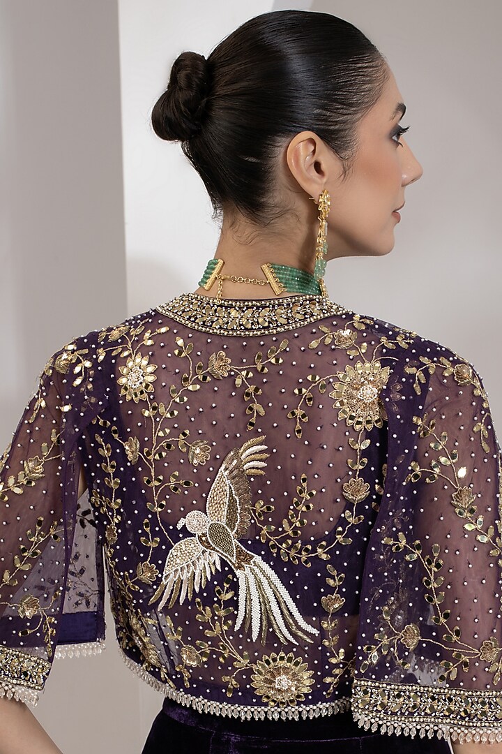 Purple Net Zari & Mirror Hand Embroidered Cape Set by PRATISHTHA - THE LABEL at Pernia's Pop Up Shop