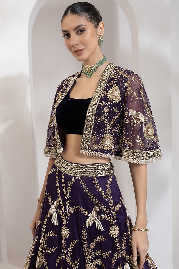 Purple Net Zari & Mirror Hand Embroidered Cape Set by PRATISHTHA - THE LABEL at Pernia's Pop Up Shop