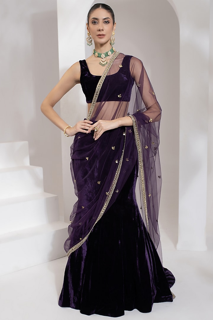 Purple Velvet Wedding Lehenga Set by PRATISHTHA - THE LABEL at Pernia's Pop Up Shop