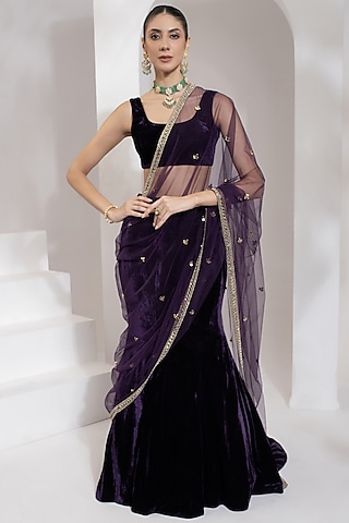 Purple Velvet Lehenga Set by PRATISHTHA - THE LABEL