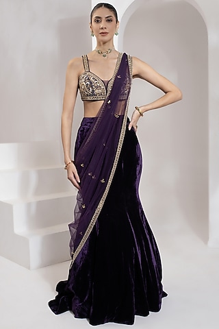 Purple Velvet Lehenga Set by PRATISHTHA - THE LABEL