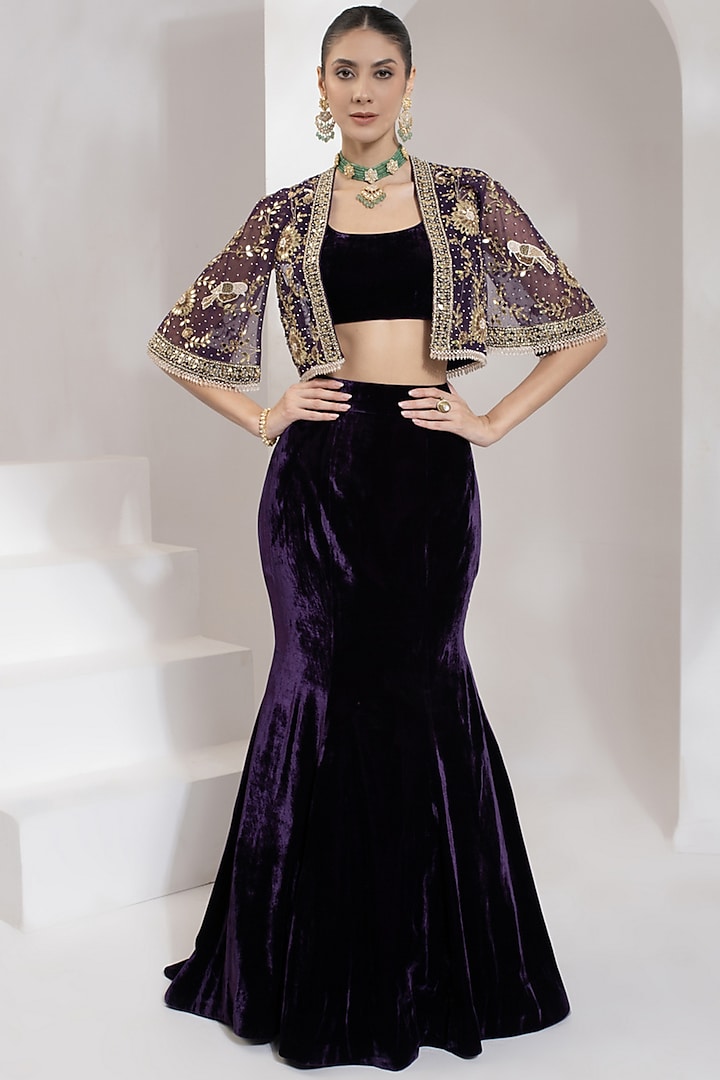 Purple Net Zari & Mirror Hand Embroidered Cape Set by PRATISHTHA - THE LABEL