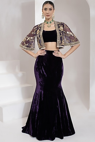 Purple Net Zari & Mirror Hand Embroidered Cape Set by PRATISHTHA - THE LABEL