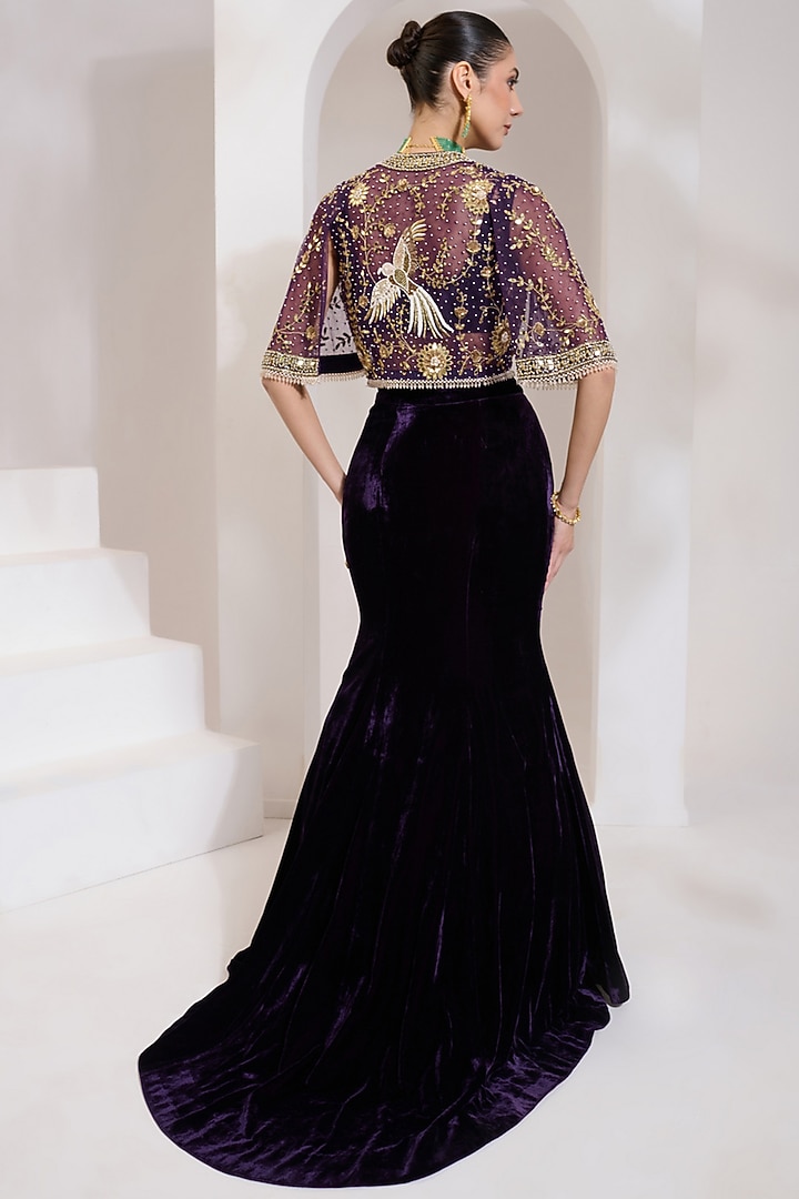 Purple Net Zari & Mirror Hand Embroidered Cape Set by PRATISHTHA - THE LABEL at Pernia's Pop Up Shop