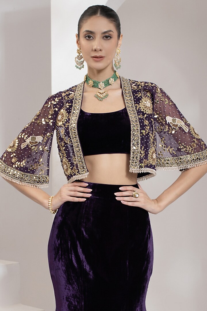 Purple Net Zari & Mirror Hand Embroidered Cape Set by PRATISHTHA - THE LABEL at Pernia's Pop Up Shop