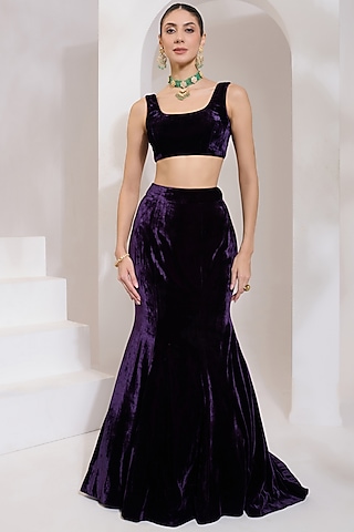 Purple Velvet Lehenga Set by PRATISHTHA - THE LABEL